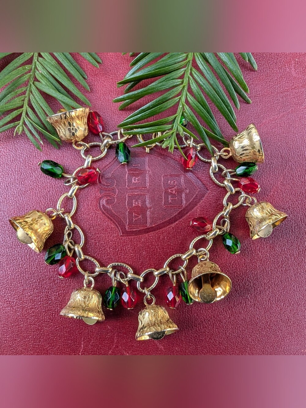 Vintage Christmas Bell Charm Bracelet with Red and Green Beads